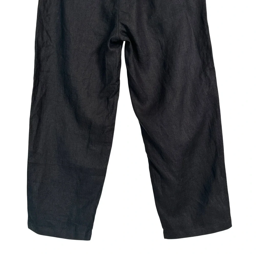 Quince Womens Pant 100% European Linen M Black Tapered Relaxed Elastic Waist